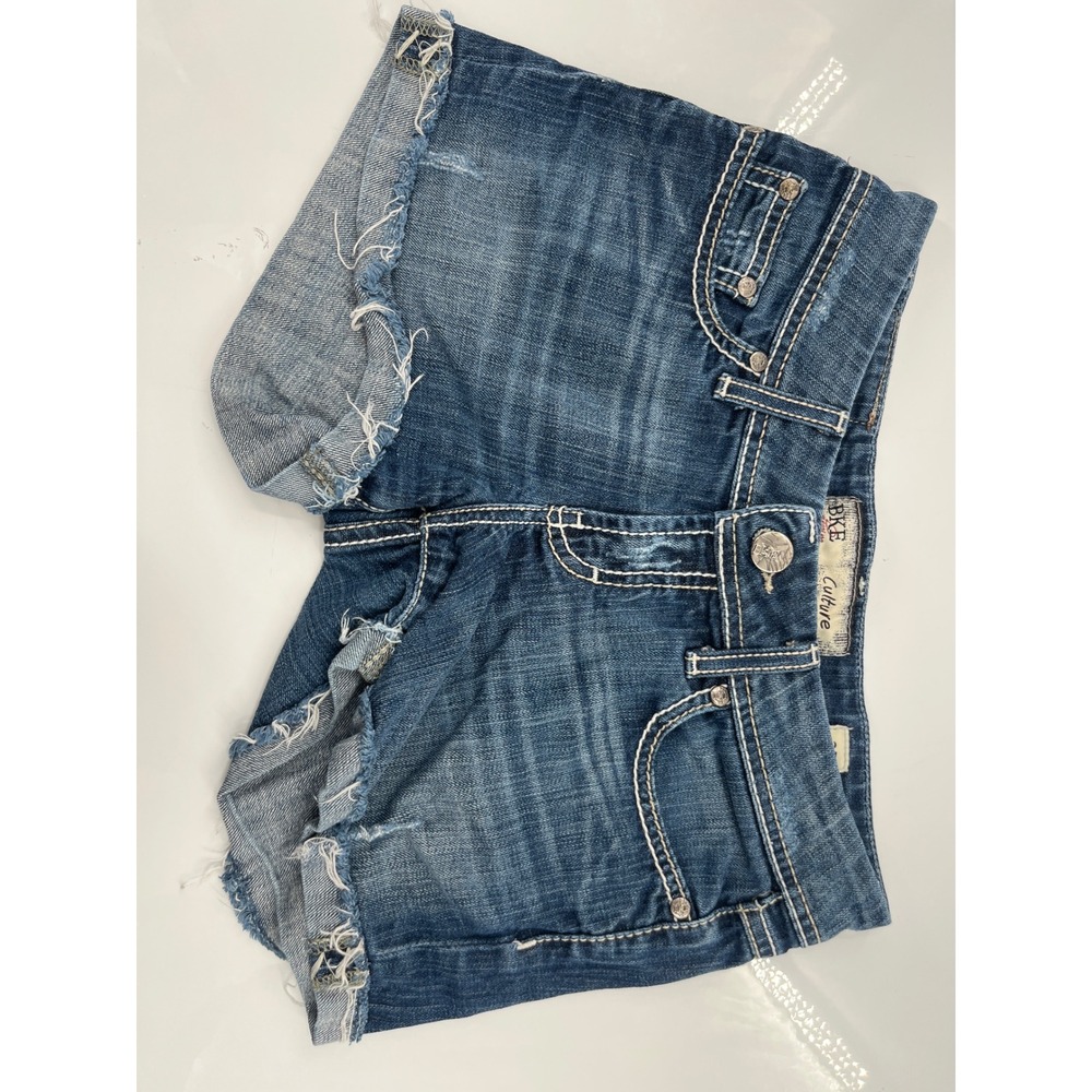 BKE Denim Culture Womens Shorts Size 27 Dark Wash Raw Hem Low Rise Stitch